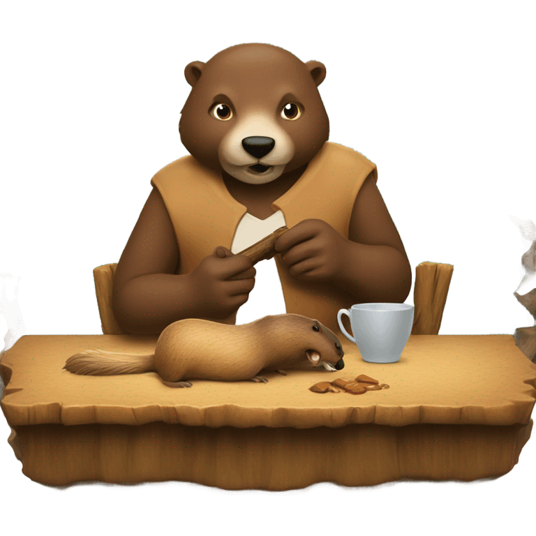 A guy is sitting with a beaver at a table and they are eating a log emoji