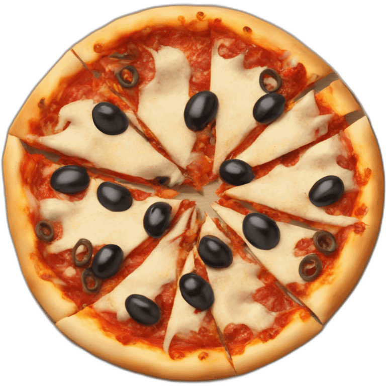 a single round pizza with black olives and shredded beef topping emoji