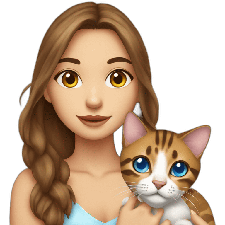 a beautiful girl with blue eyes and brown hair is holding a Bengal cat with yellow eyes in her arms emoji