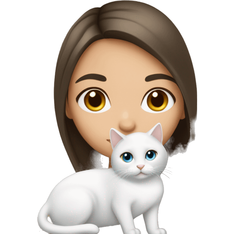 straight hair brunette girl kissing white cat with heterochromia eyes emoji