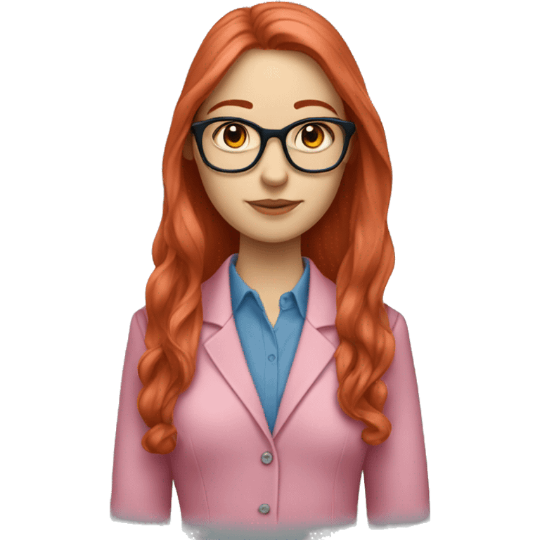 White-girl-with-long-hair-red-head-eyes-blue-wearing-glasses-blouse-formal-pink emoji