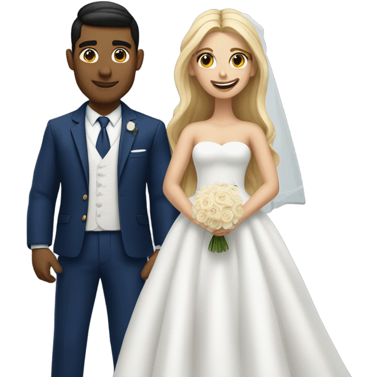 Puerto rican beard short hair with blue hat and navy blue suit getting Married with blond long hair girl with white  wedding dress  emoji