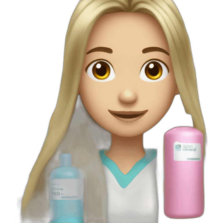 Girl with long hair holding two empty bottles of shampoo emoji