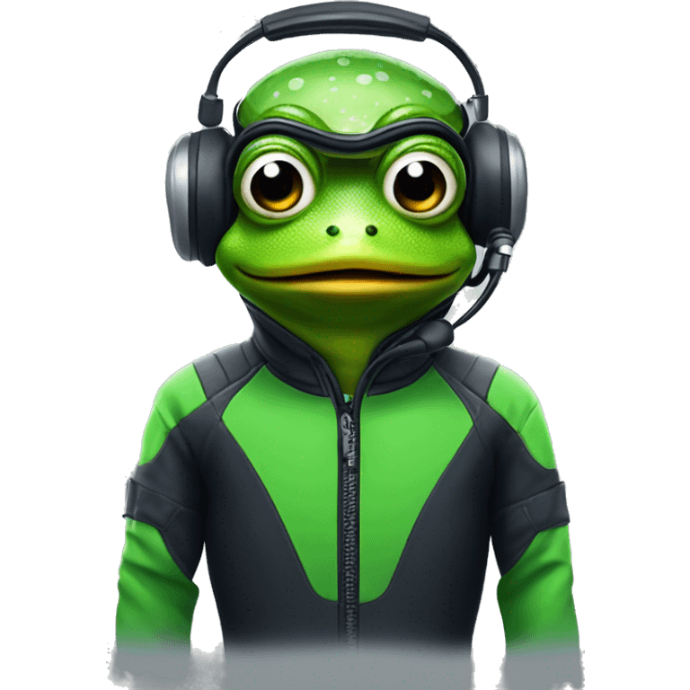 generate a frog with headphone in a scuba suit in an f1 car emoji