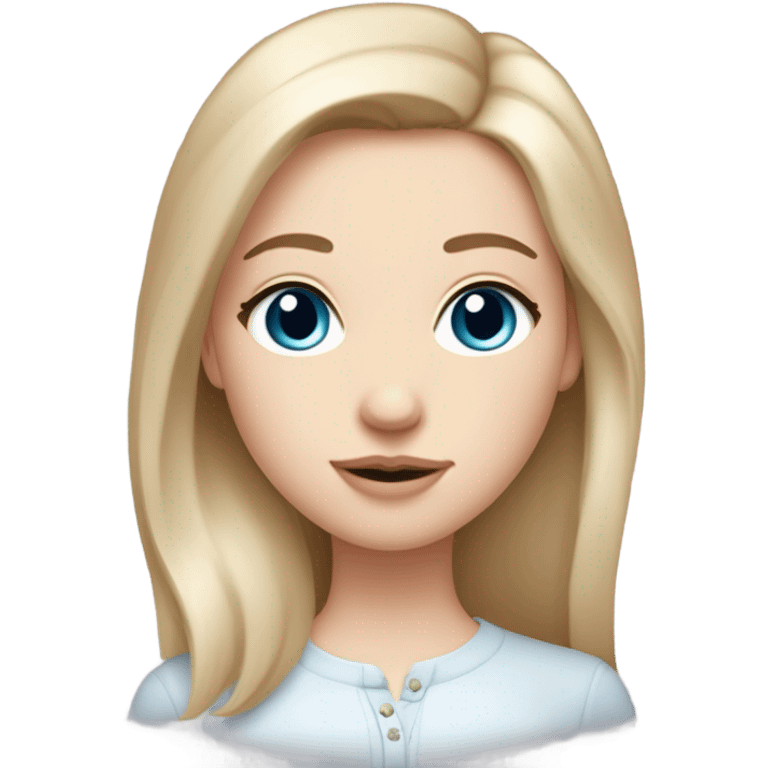 Girl with dirty blonde, straight hair medium length past shoulders , blue/grey eyes with semi long lashes, pale but not albino, freckles mostly on and around the nose, button nose, not thick but not thin lips with a small cupids bow shape, facing front on with shoulders and up wearing a light pink coquette emoji
 emoji