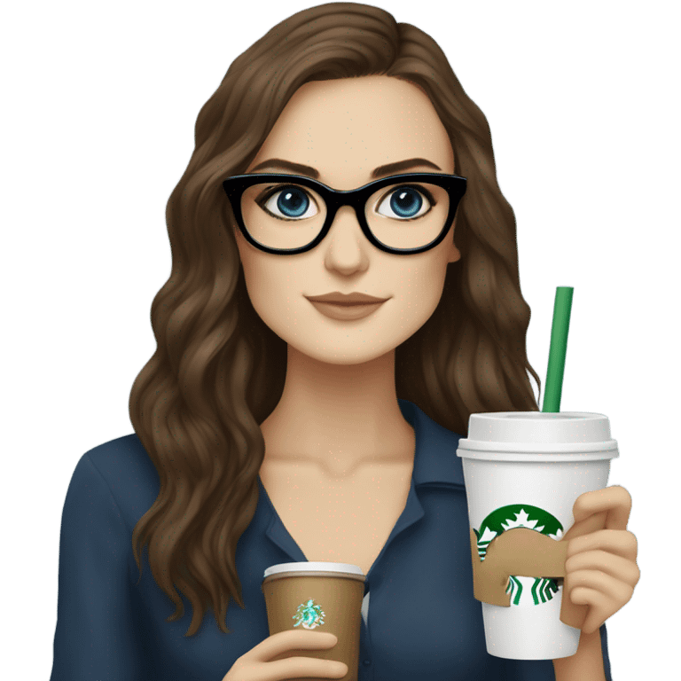 Photo of elegant Keira Knightly wearing black glasses and blue eyes holding Starbucks  emoji