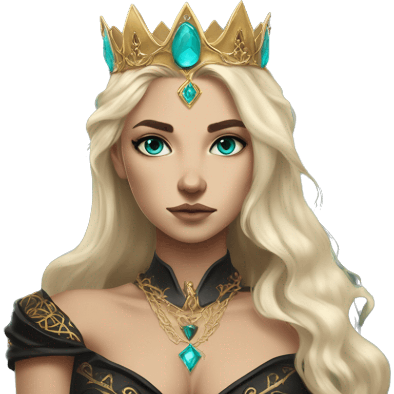 Aelin has white or golden blonde hair, turquoise eyes with a gold ring around the pupil, and tattoos and scars. Wearing a black and gold gown with a crown made of fire emoji