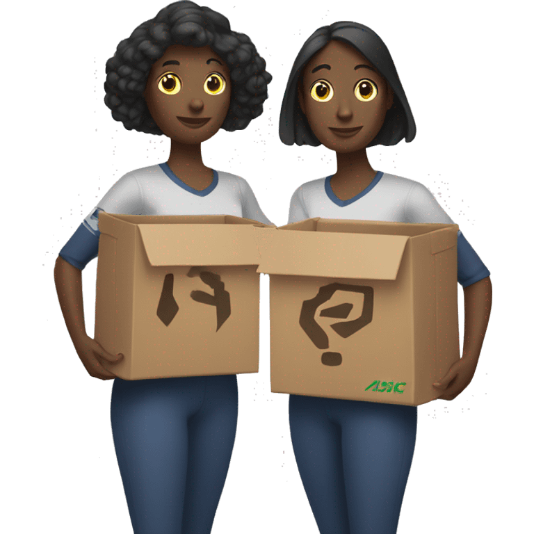 two women each holding a box in their hands, with one box written "ASICS" emoji