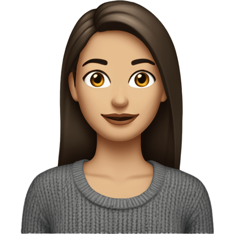 dark haired woman with highlights and long hair, brown eyes, nose same with from top to bottom. Thick eyebrows, brown kind eyes, high cheekbones and medium sized mouth with straight white teeth. Slim figure wearing a knit sweater, earrings and jeans emoji