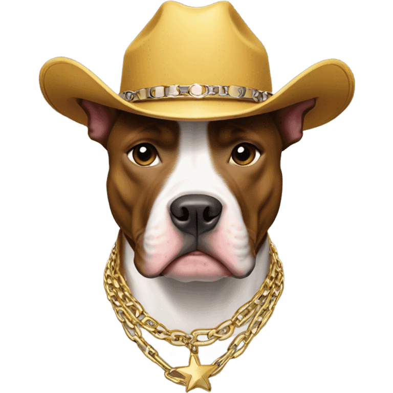 Draw a picture of a pitbull with a gold chain on and a cowboy hat, and his gold chain says cowboy hanging from it emoji