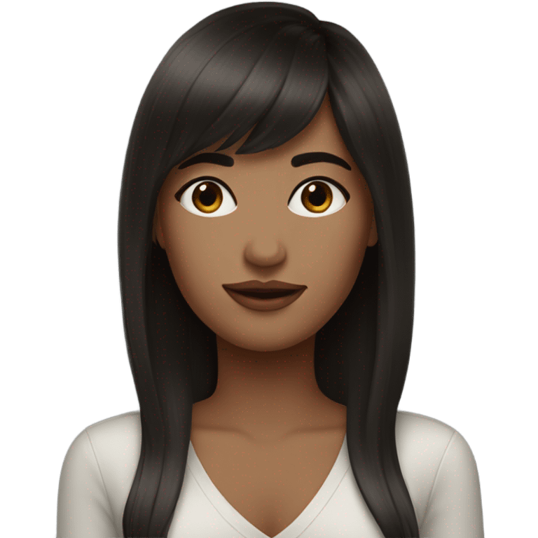 Beautiful woman. Dark brown hair. Salt and pepper.  Bangs.  emoji