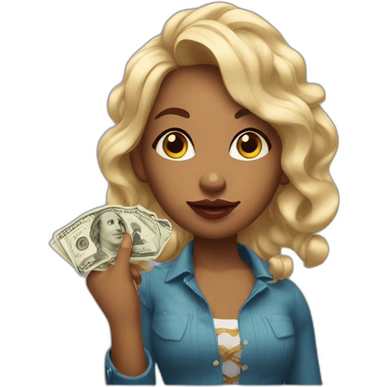 Girl with rolled money in hair and putting lipstick  emoji