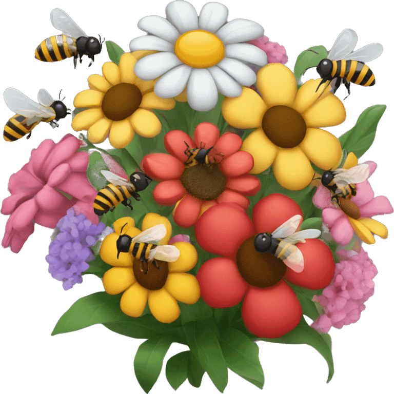 bouquet of flowers with bees flying around it emoji