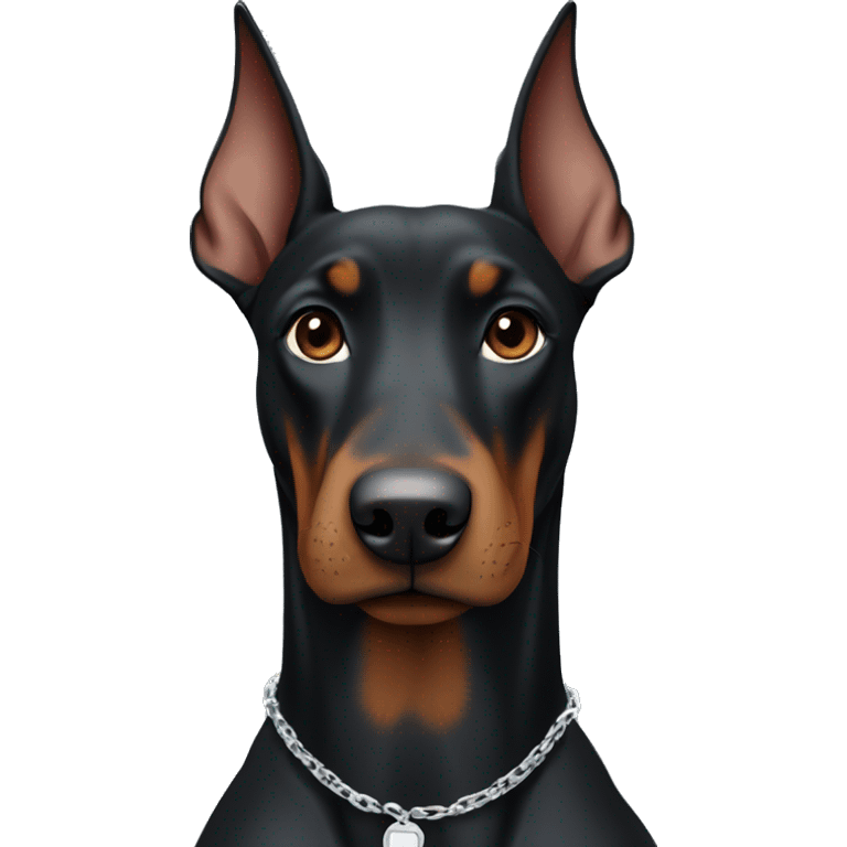 black female doberman dog with a silver chain around her neck and cropped ears emoji