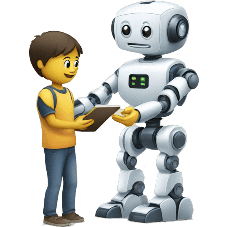 a robot handing a flashcard to a pupil emoji