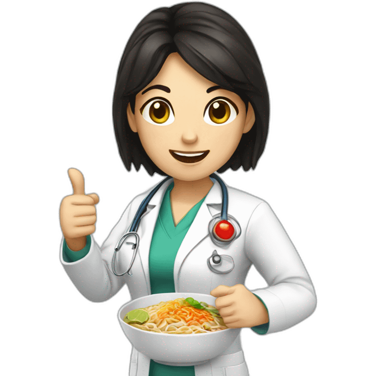 female doctor with dark hair eating ramen bowl with thumbs up emoji