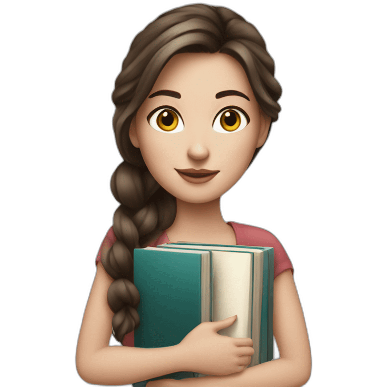 Realistic Brunette white beautiful girl with lots of realistic and detailed books emoji