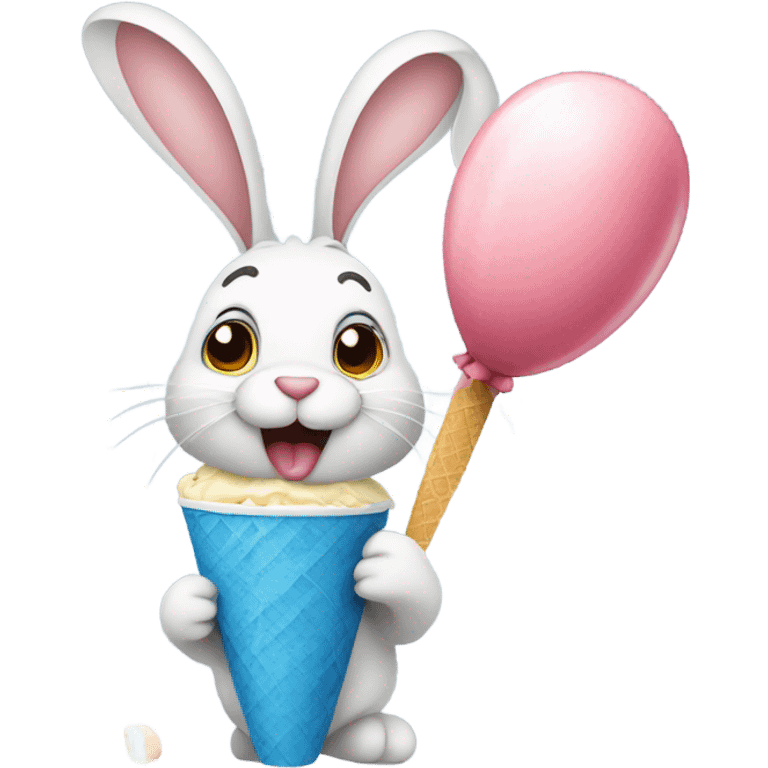 A rabbit eating ice cream with a balloon in hand emoji