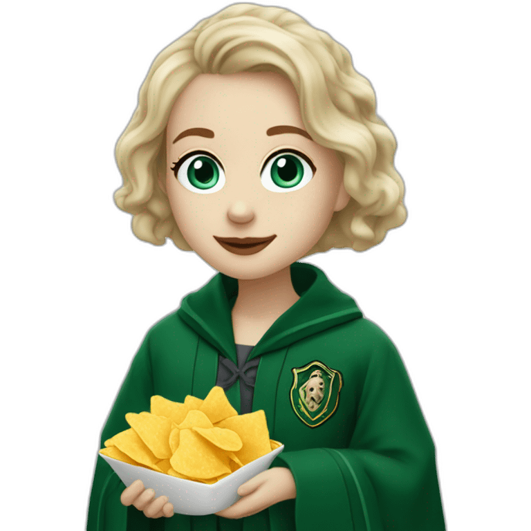 Blue eyes Slytherin girl with short wavy ash blonde hair eating chips and cheese hogwarts robe emoji