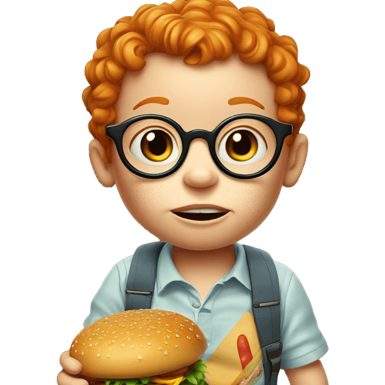 ginger white toddler with freckles and glasses with a burger eating it with a full mouth emoji