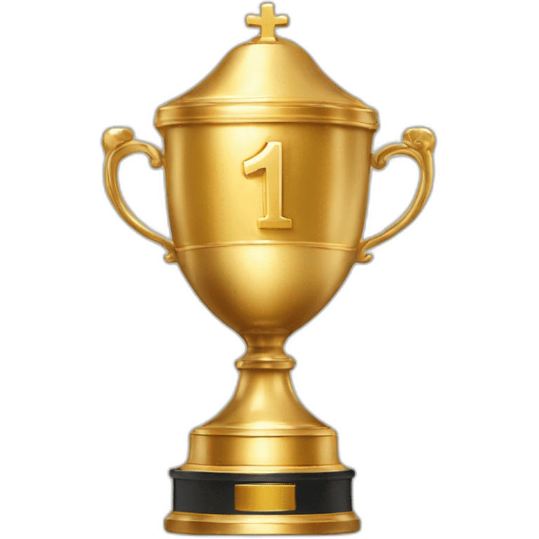 royal big empty Christian trophy for the winner with a cross on royal background  with number 1 emoji