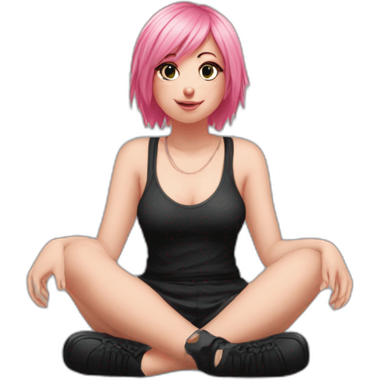 Full body Front view curvy emo girl pink hair sits on the floor straight view hands up black skirt полосатые рваные чулки emoji