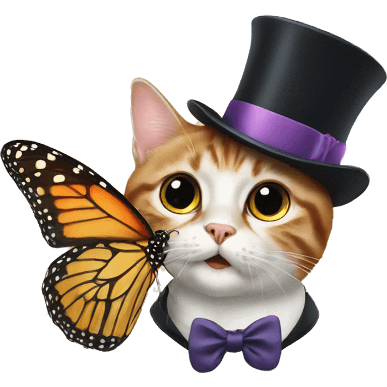 A surprised cat with a mustache and a top hat, a butterfly with big surprised eyes, an Englishman  emoji