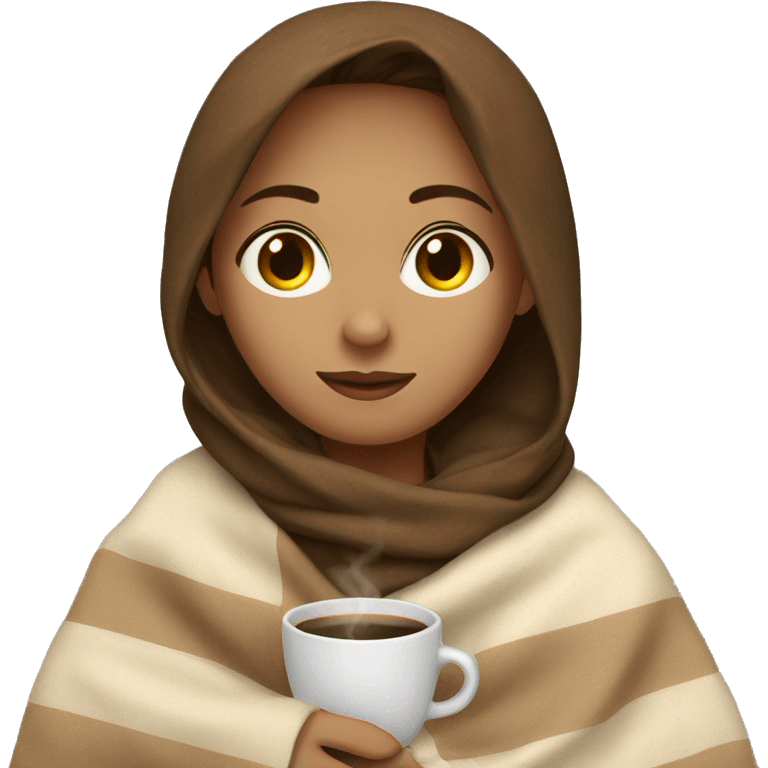 a brown hair girl sitting with a blanket wrapped over her and a cup of coffee emoji