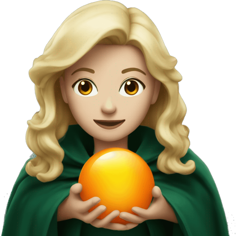 Blonde woman in dark green cloak holding an orange glowing orb emoji