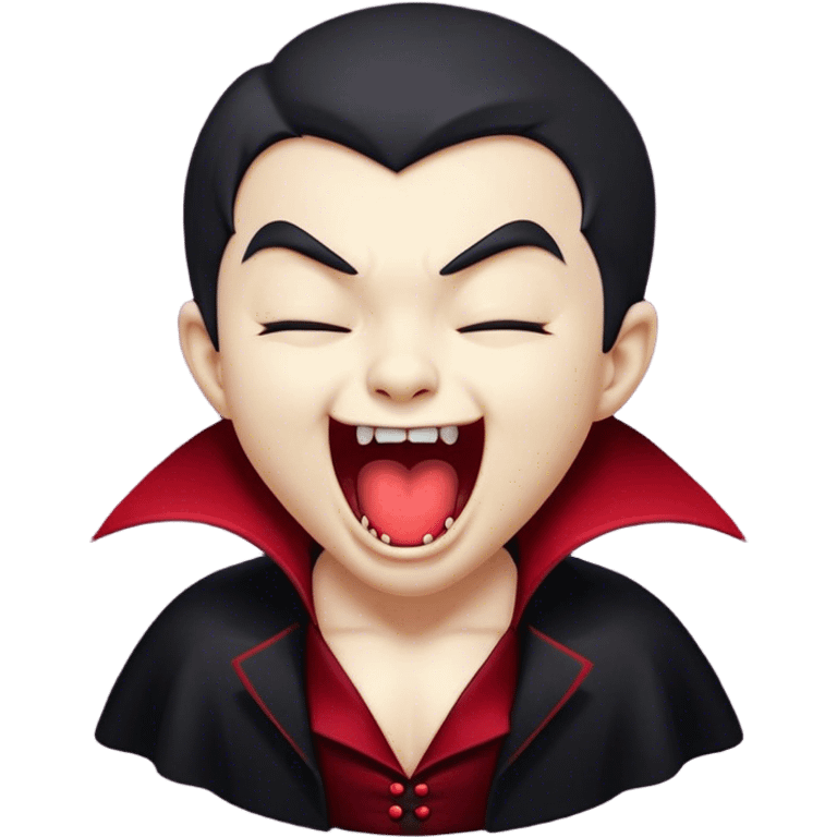 Cinematic Cute Yawning Vampire Portrait Emoji, with a small, rounded, charming pale face accented with tiny playful fangs and droopy, half-closed eyes, head tilted in an adorable wide yawn, dressed in miniature elegant dark attire with a hint of crimson, simplified yet irresistibly endearing, highly detailed with a soft, mysterious glow and gentle outline that captures the cute, drowsy side of an immortal! emoji