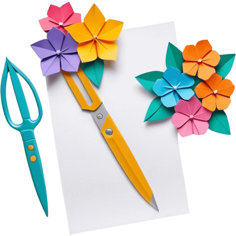 Paper crafting icon, colorful paper sheets, origami figures, 3D paper flowers, scissors and craft knife, minimalistic style, clean lines, transparent background. emoji