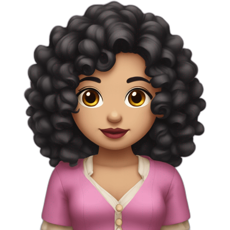 A cute Métis girl with a very clear complexion. She has black hair with large curls, which descend to her shoulders, and a pink lipstick on luscious lips. emoji