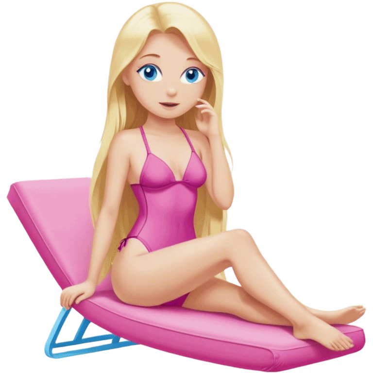 A cinematically realistic blonde with long hair and blue eyes is lying on a chaise longue in a pink swimsuit, sunbathing in the sun emoji