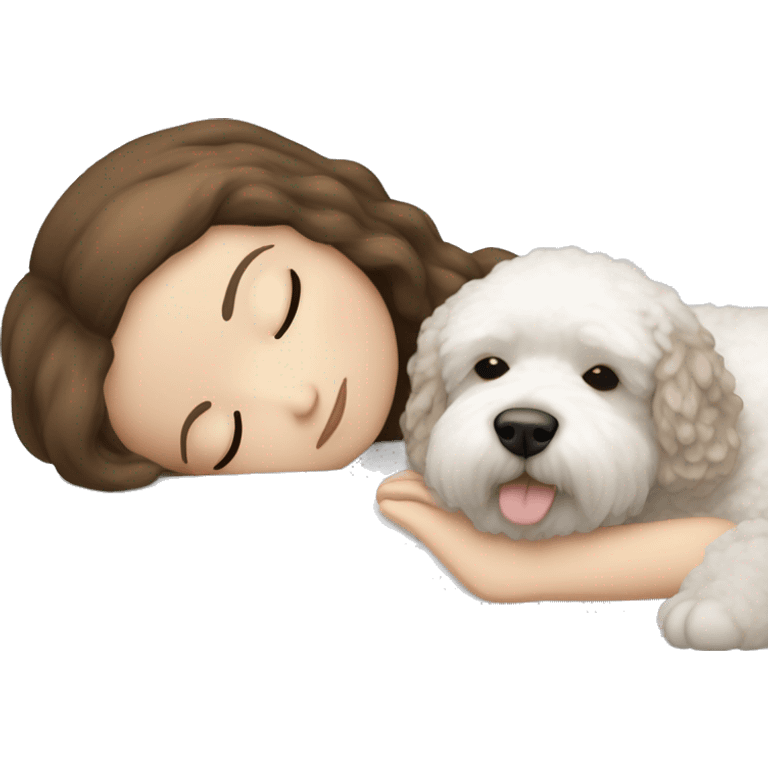 White girl brown hair sleeping with Mini Bichon emoji