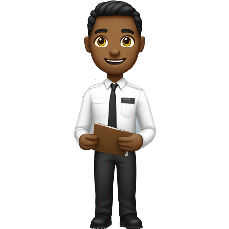 mormon missionary with one black nametag over the left side of the chest with a clipboard on hand, shown half of the body, completely white shirt emoji