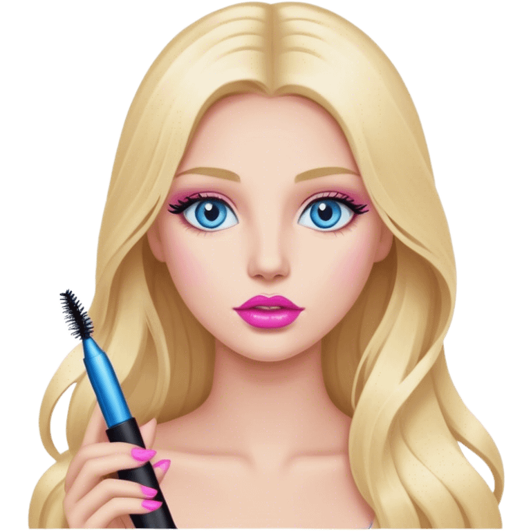 Cinematic realistic blonde with long hair, blue eyes and pink lips with mascara in her hands emoji