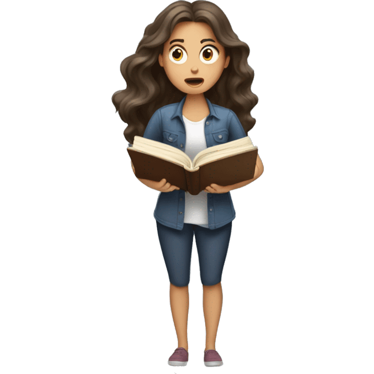 brunette long wavy hair woman shocked face while holding and reading book emoji