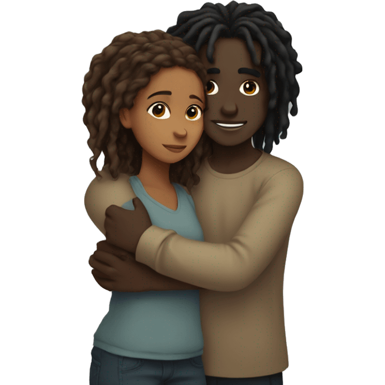 Brown girl with wavy hair hugging black boy who has dreads  emoji