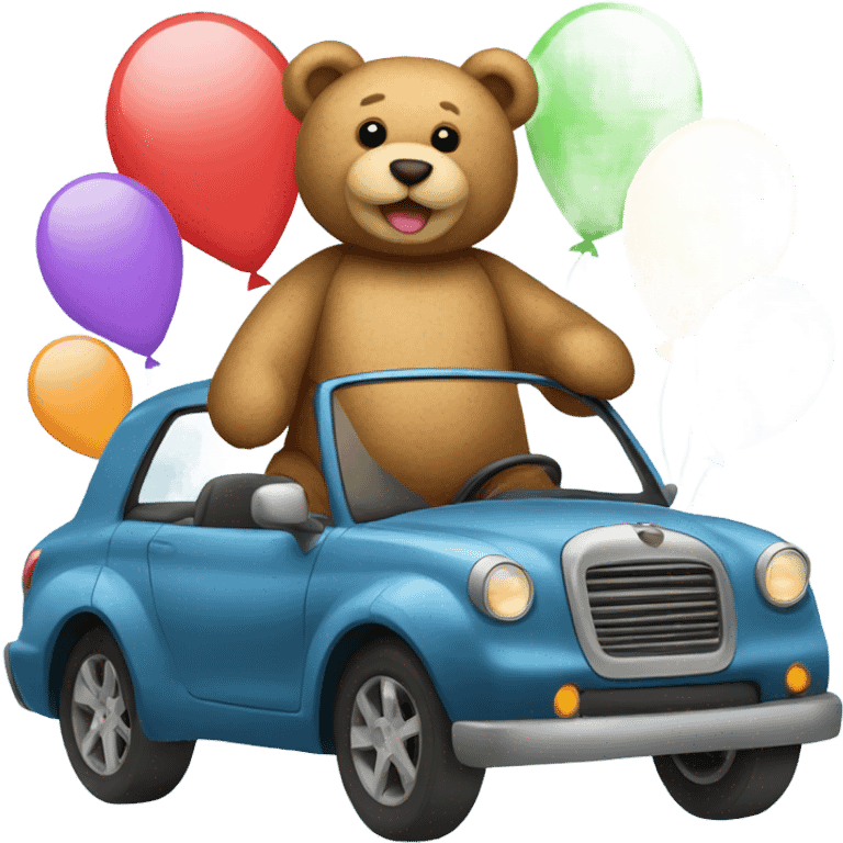 teddy bear driving a car and balloons emoji