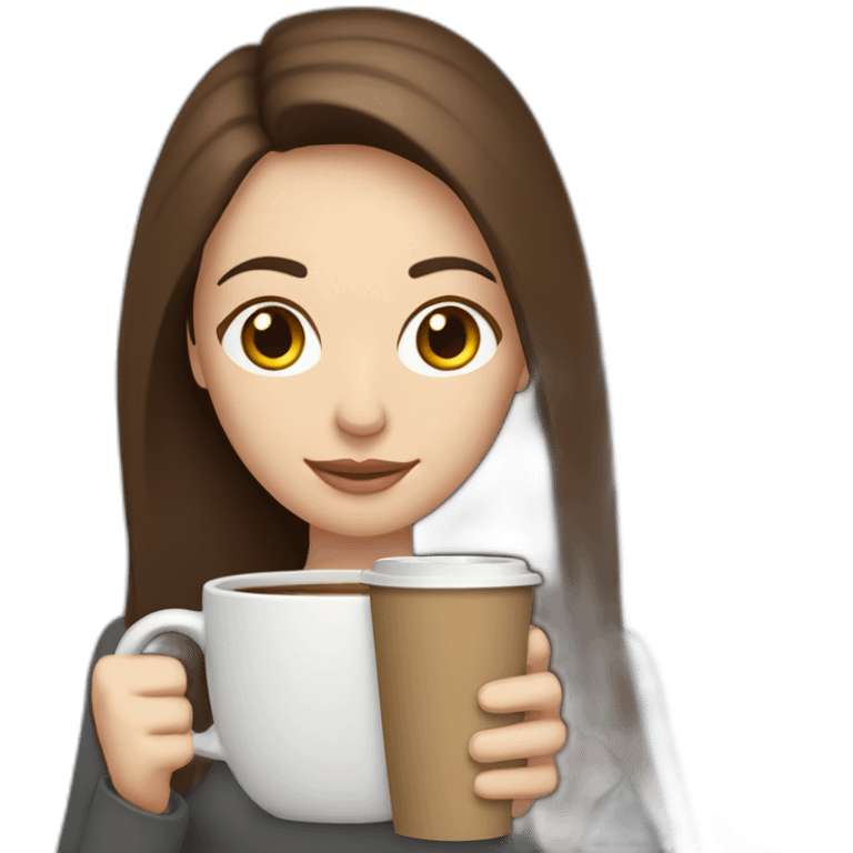 woman with long straight brown hair and pale skin holding a large coffee mug on a laptop screen emoji