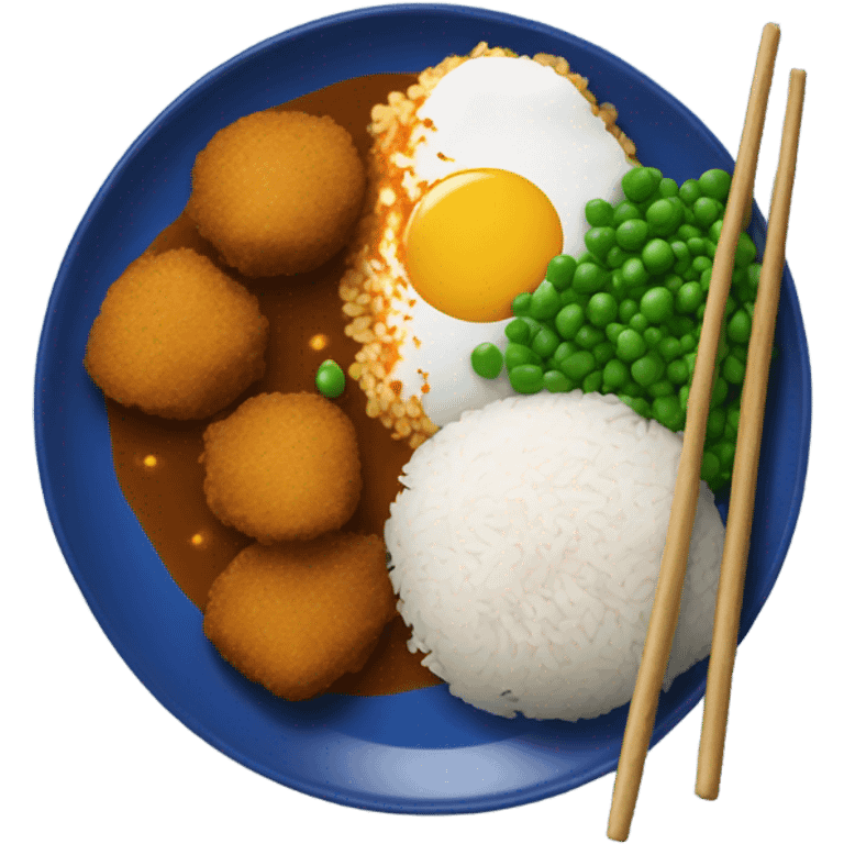 Blue plate with katsu curry and rice ball with peas emoji