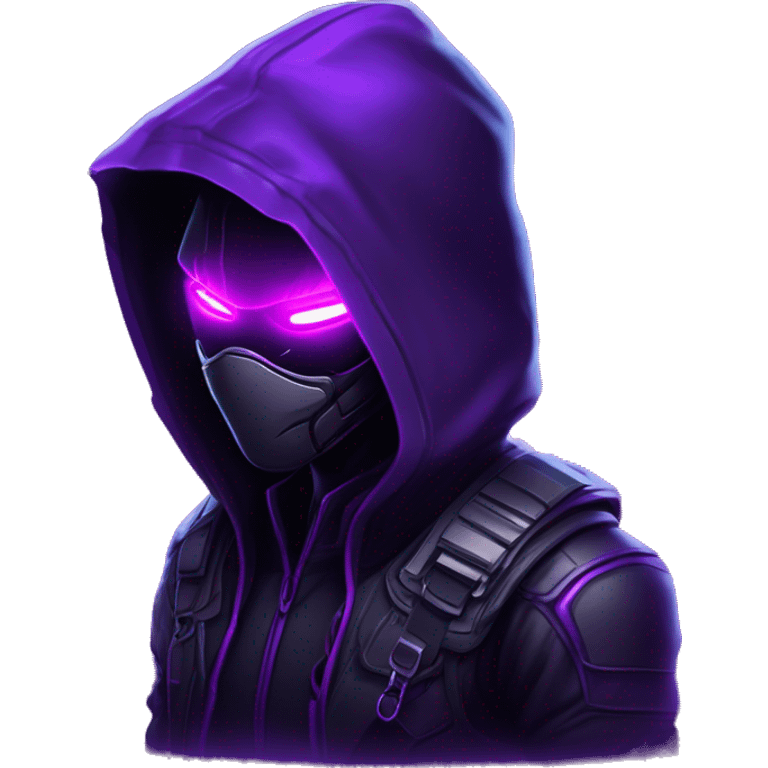 Hacker behind his laptop with this style : crysis Cyberpunk Valorant neon glowing bright purple character purple violet black hooded assassin themed character emoji