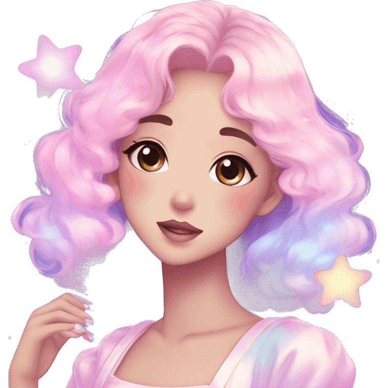 Gorgeous pastel anime style lady blushing nebula gradient sparkle face dreamy idol model colorful shiny stars galaxy kawaii cottagecore pearly petite simplistic aesthetic trending style emoji