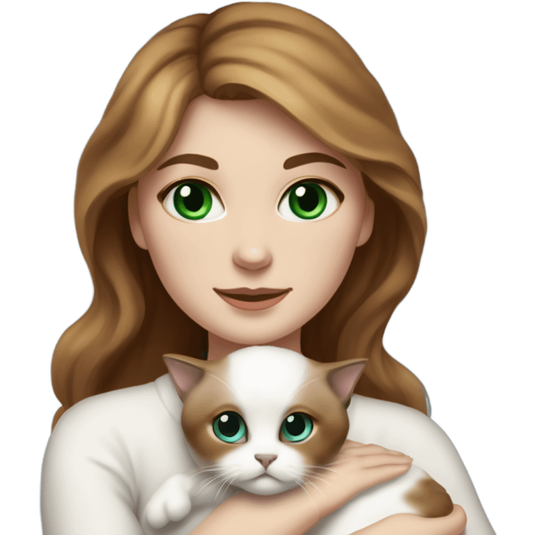 white woman with medium-length brown hair, green eyes and brown freckles on the face under the eyes, holding her sacre de birmanie kitten in her arms with much love, the baby cat has blue eyes, a lot of dark areas on ears and middle of the face. blue eyes emoji