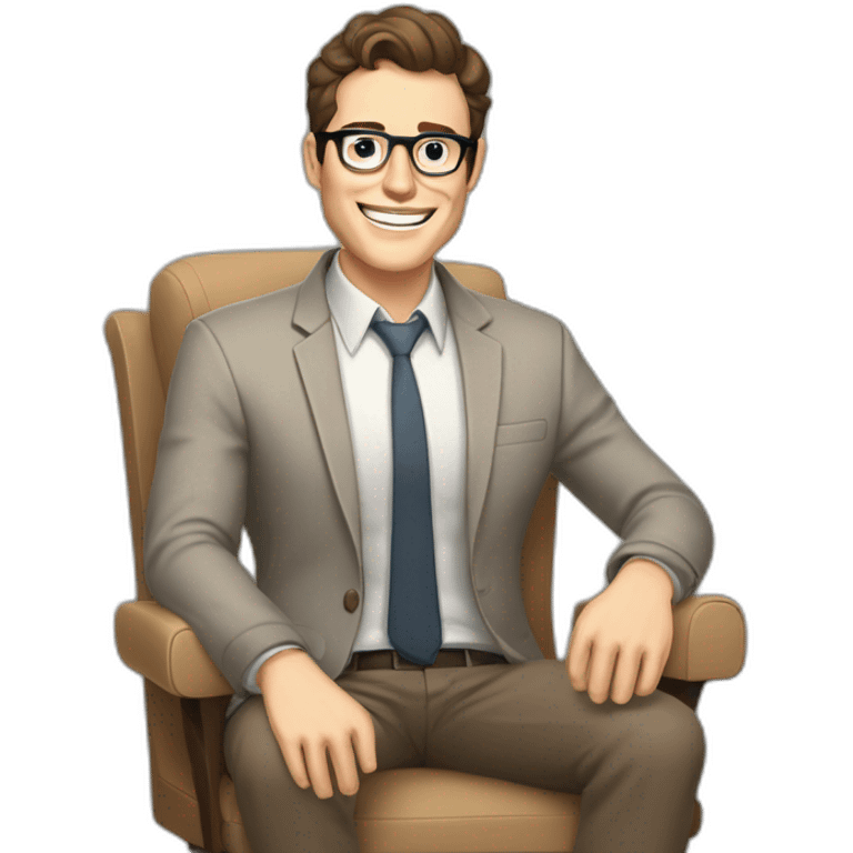 Joyful Celebrating victory Hands up Pale skinned Fit Man With dark brown hair in gray jacket, beige office shirt, Brown pants and vintage glasses sitting In a soft chair emoji