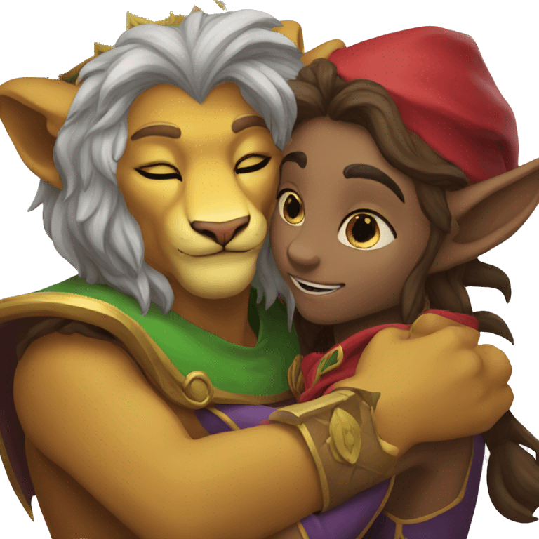 A lion and an elf mage hugging emoji