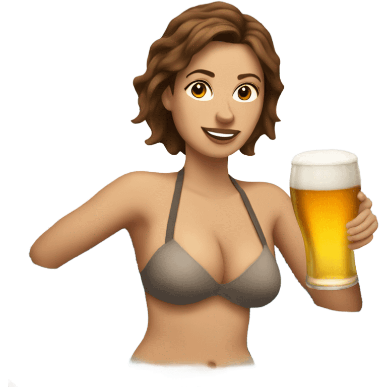 White Woman brown hair in hot tub with beer emoji