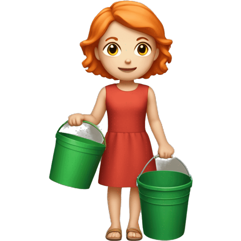 Small white skinned young girl with short orange hair wearing a red dress, standing holding a green bucket  emoji