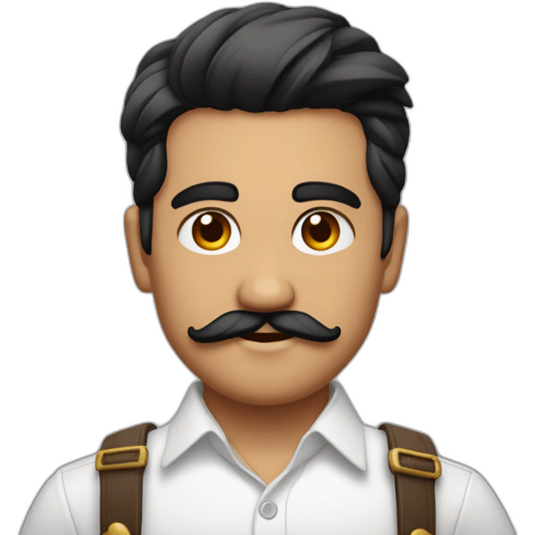 close up of white skin indian in plain white shirt with sleeve up and quiff black hair style and mustach emoji