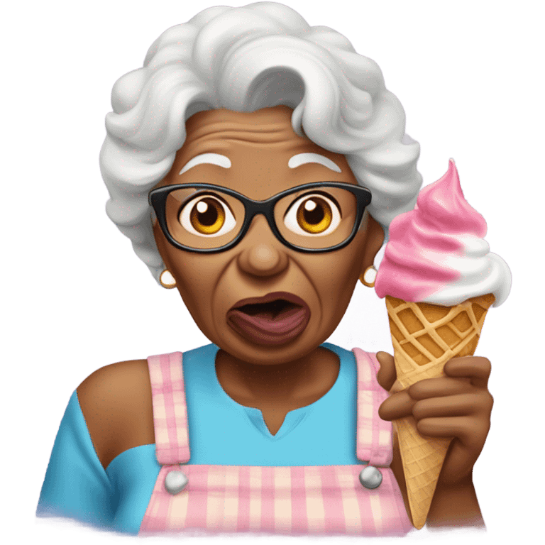 grandma with her tongue out with ice cream on face emoji